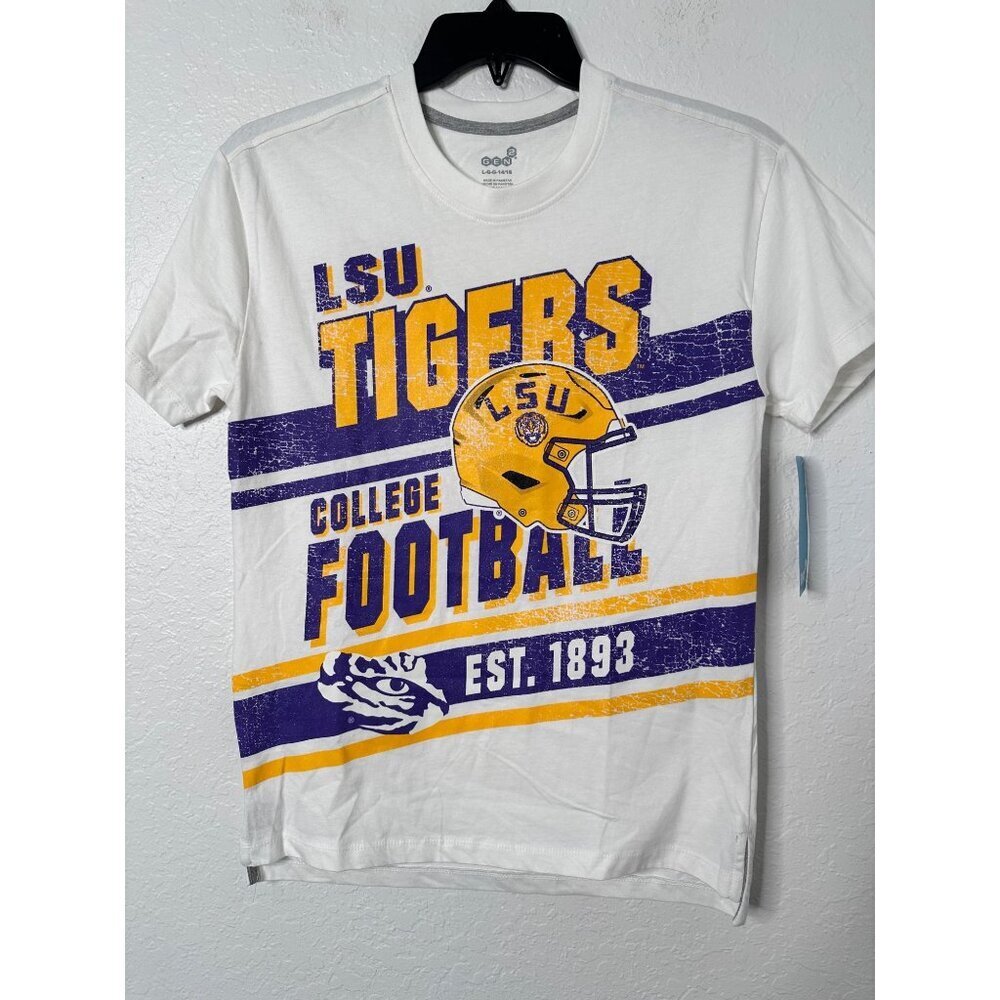LSU Tigers College Football White‎ Graphic T-Shirt LG 14/16 Youth Cotton NWT